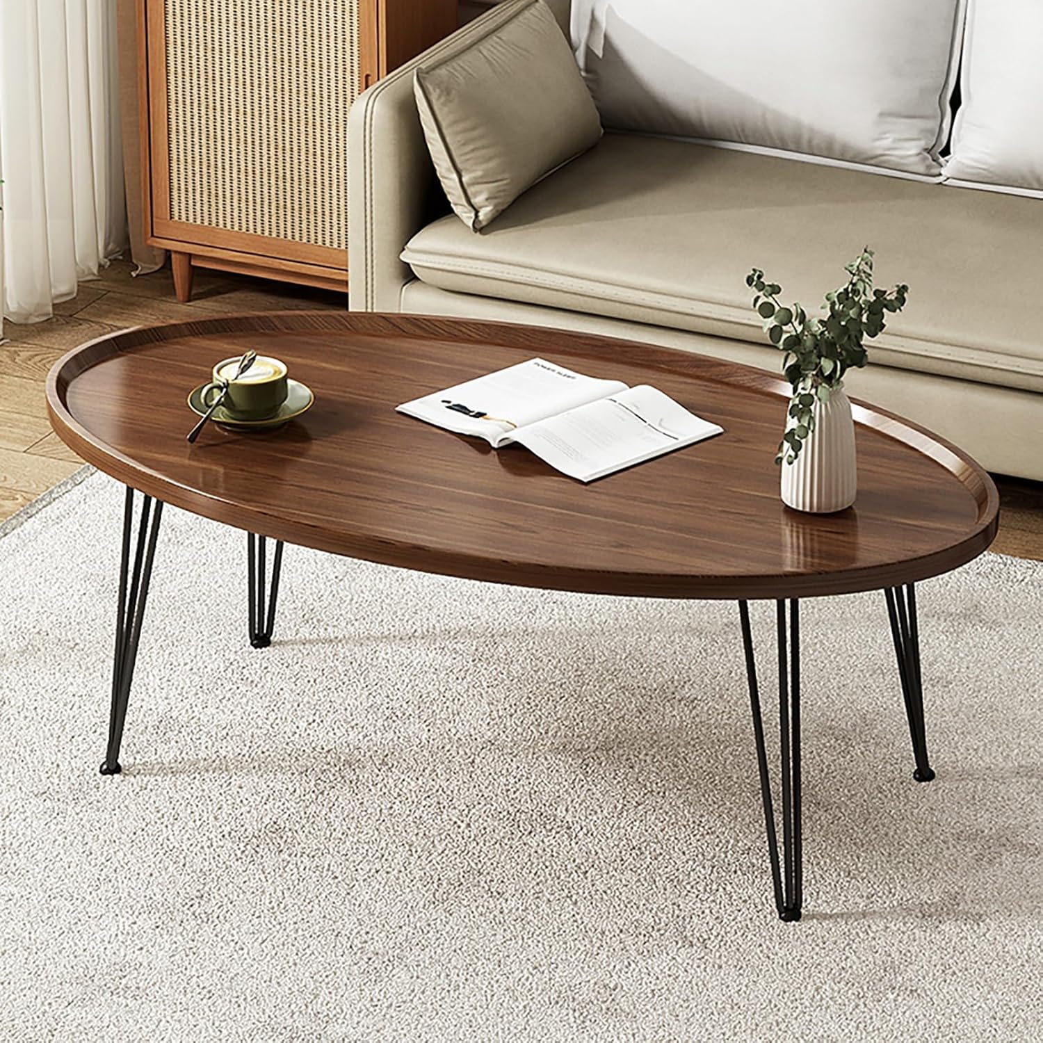 Coffee Table-Oval Wood Table, Modern Coffee Table with Storage for Home Office,Round Center Tables Living, for Living Room, Bedroom and Balcony, Easy Assembly