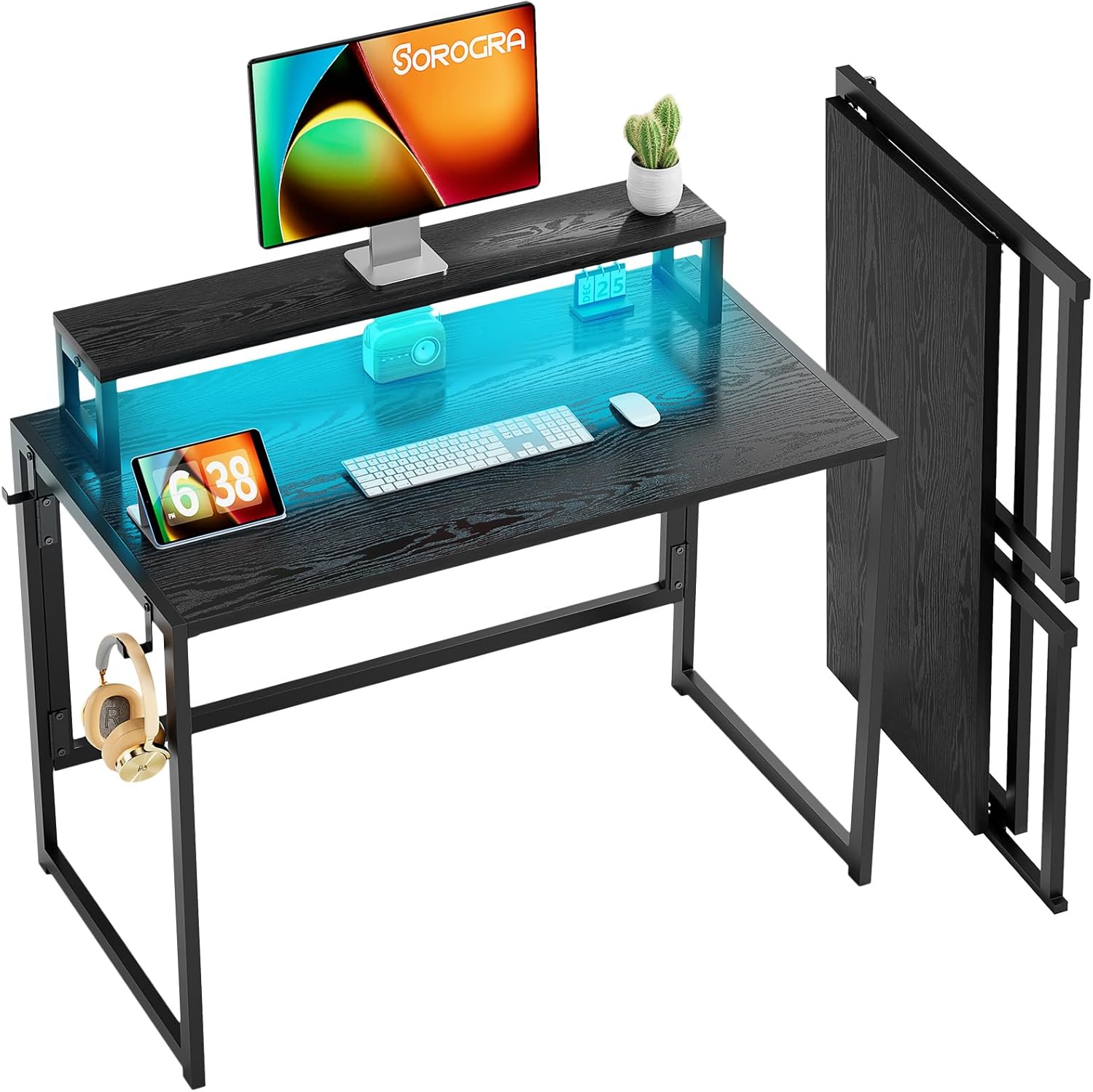 Coavas 31.5 inch Folding Desk No Assembly Required, SOROGRA Folding Desk Small Foldable Desk 39.4 inch with Led Lights