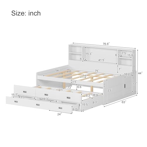 Twin Size Daybed, Wooden Sofa Bed Frame with Twin Trundle, Three Storage Drawers, and Storage Bookcase Headboard, Sturdy Wood Slat Support, No Box Spring Needed, Easy Assembly (White)