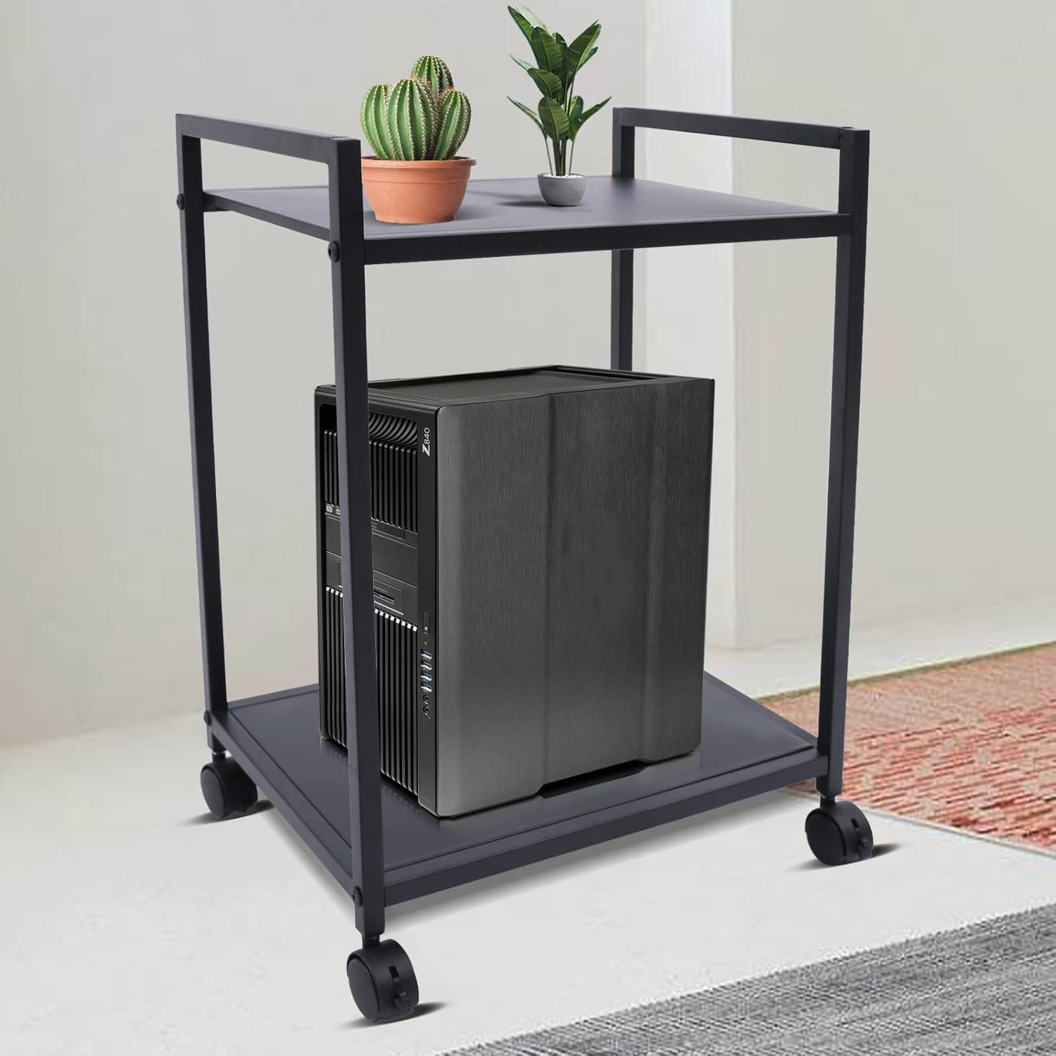2-Tier Computer Tower Stand with Lockable Wheels, Iron Steel Pipes Printer Desk Stand Rack, CPU Stand Cart Floor Under Desk for Office Home, 55.12lbs Max Load, 16.9 * 14.9 * 22.8in