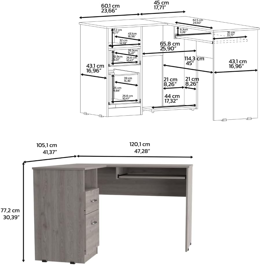 Computer Desk, Depot E-Shop Idra L-Shaped Desk, Keyboard Tray, Two Drawers, One Open Shelf, Light Gray