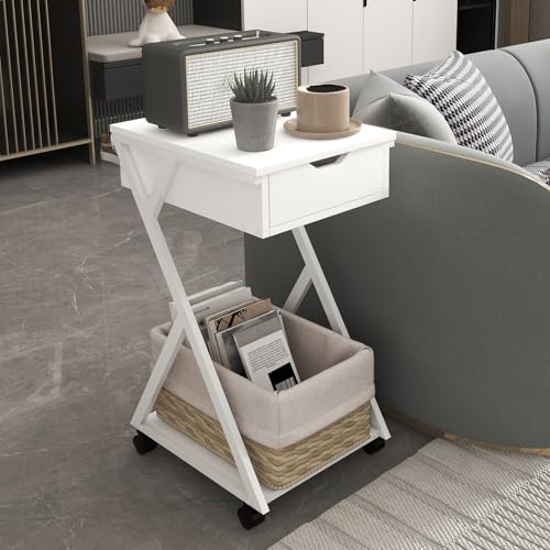 PUNCIA Under Desk Storage Stand Under The Table Rolling Cabinet with Lockable Wheels Laptop Bag Backpack Organizer Cart with Shelf Modern End Side Table with Drawer Wood Furniture for Home Office