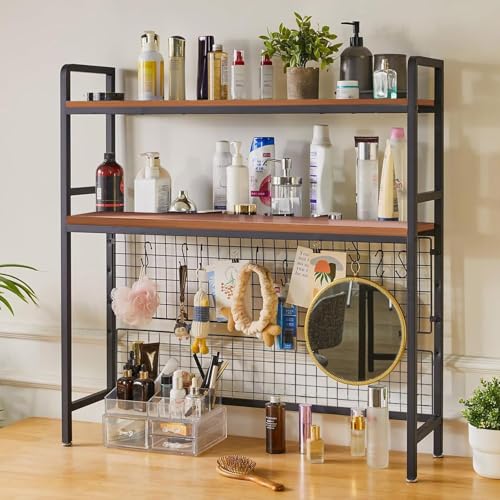 2-Tiers Desktop Bookshelf, Countertop Storage Hutch for Computer Desk Adjustable Wood Display Rack Organizer for Dorm Office Decor