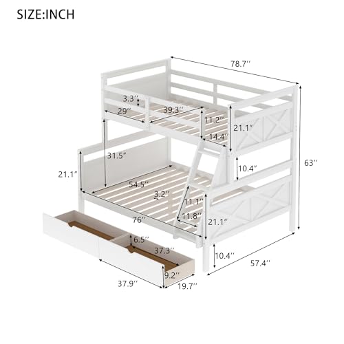 Twin Over Full Bunk Bed with Ladder, Full Length Guardrail, X-Shape Headboard and Footboard, Wooden Bunk Bed Frame Can be Separated into 2 Beds, White