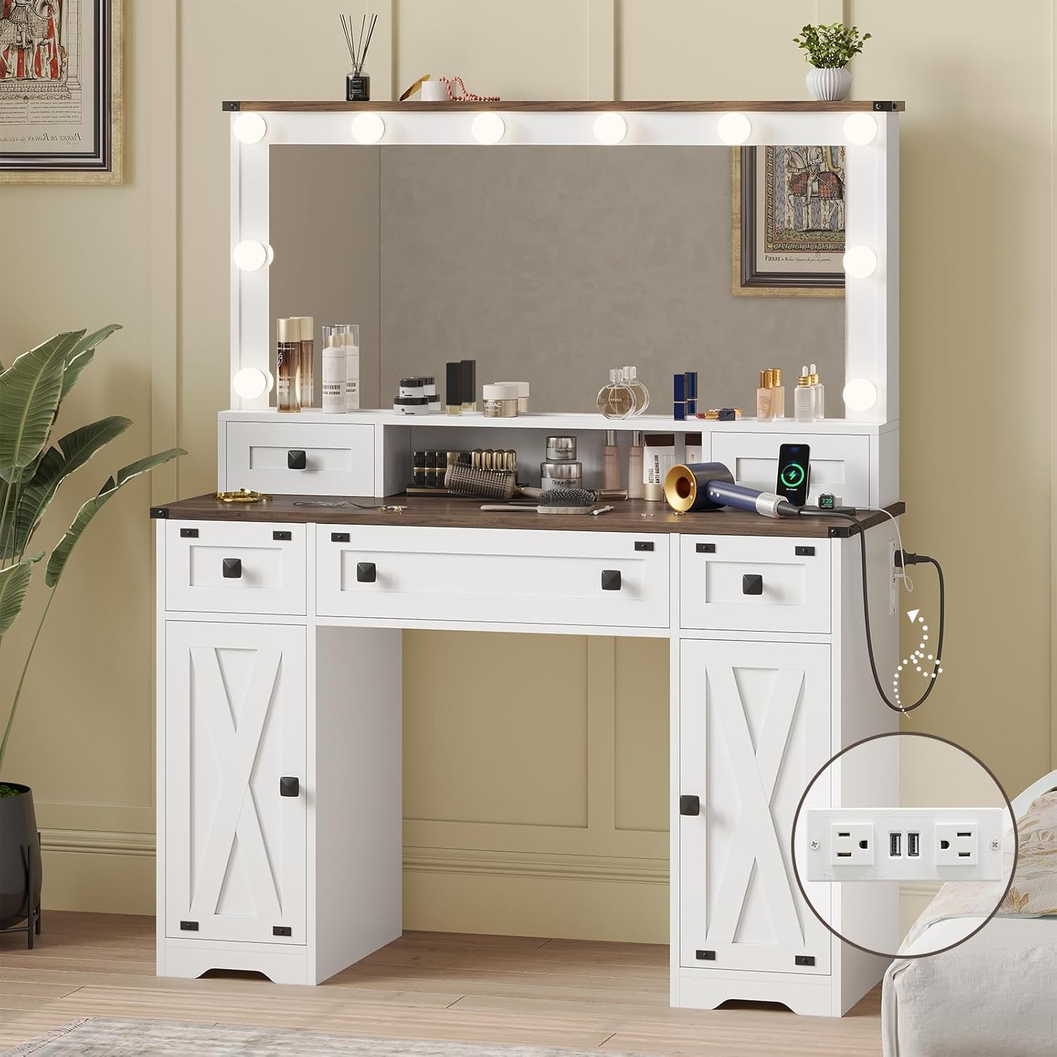 Hasuit Makeup Vanity Desk with Mirror and Lighted Mirror 43'' Farmhouse Vanity Table with Power Outlet,5 Drawers & 2 Cabinets Dressing Table with 3 Color Lighting Modes,Brightness Adjustable,White