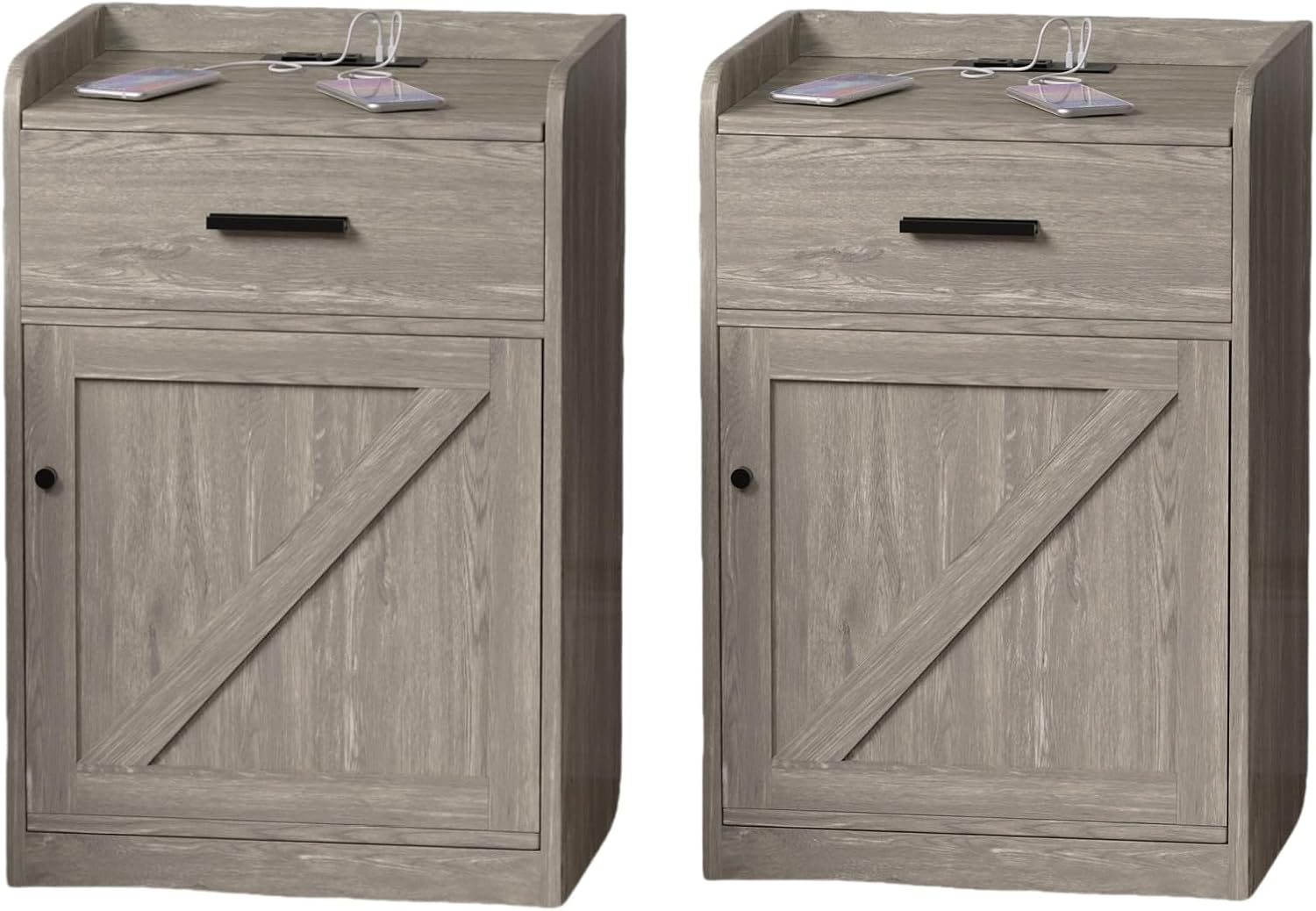 Modern Farmhouse Night Stand with Charging Station, Bed Bedside Tables Bedroom set of 2, Wood Nightstand with Storage Drawer for Bedroom Living Room Sofa Home Office-Walnut