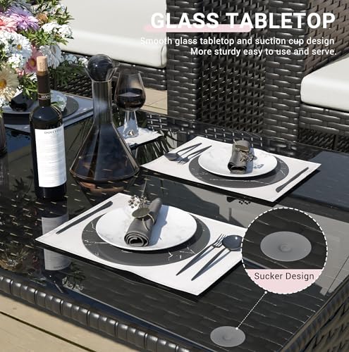 Wide Armrest Outdoor Patio Furniture Set,4 Pieces Rattan Sectional Sofa with Tempered Glass Coffee Table and Cushions for Family Gatherings,Balcony Porch Garden(Black/Cream)