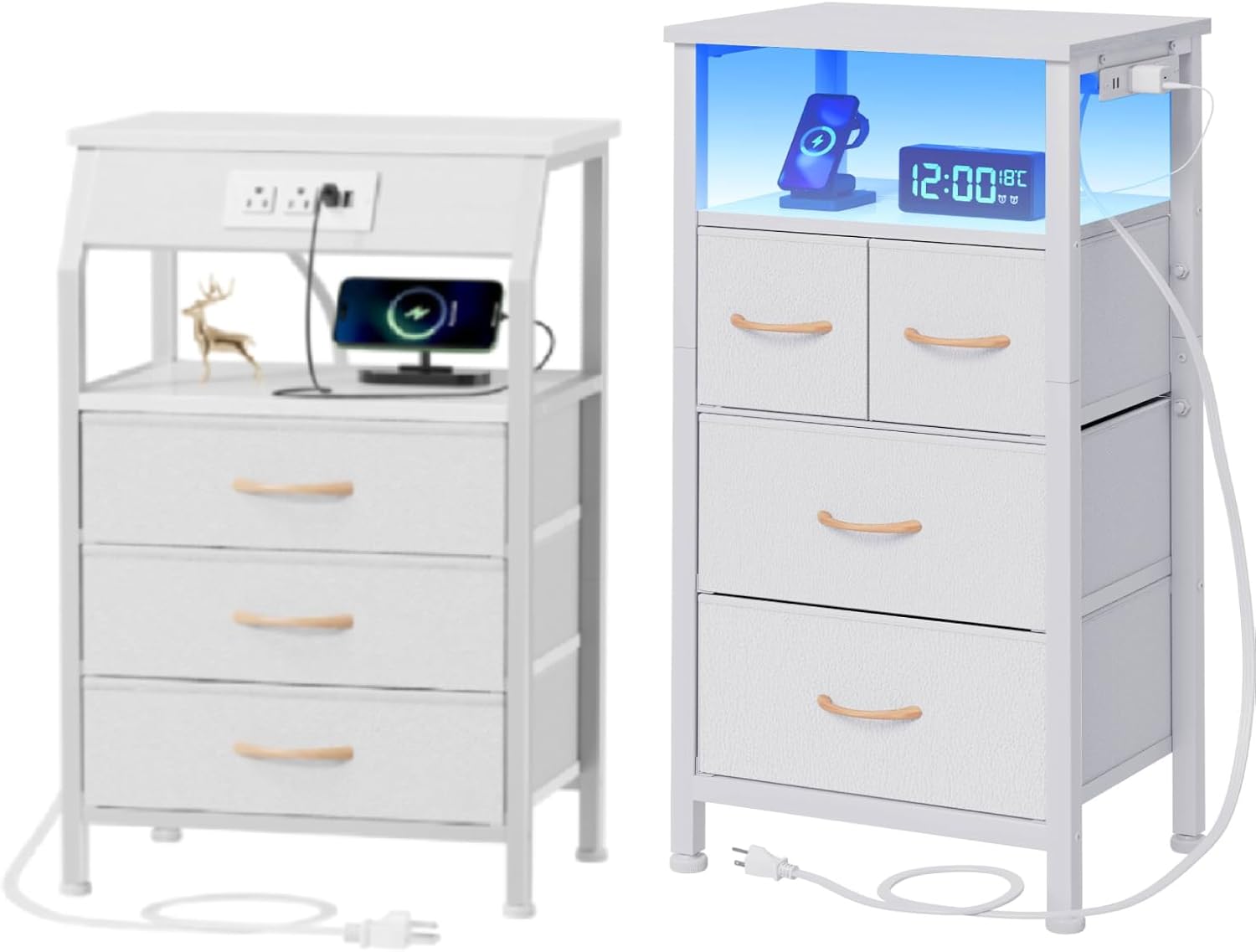 Furnulem Nightstand Set of 2, Night Stand with Charging Station + Nightstand with Charging Station, LED Bedside Table with Open Shelf