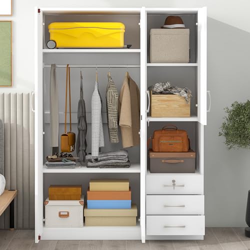 3-Door Large Wardrobe with 3 Storage Drawers and Hanging Rod, Storage Cabinet Bedroom Armoires for Large Capacity, Functional Clothes Storage Cabinet for Bedroom (White)