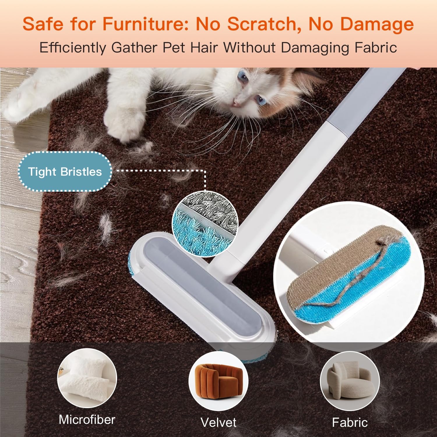 Cat Hair Remover for Furniture - 4 in 1 Long Handle Fur Cleaner, Couch to Carpet, Clothes & Bedding - Reusable, Washable Lint Tool, Safe on Upholstery, Floors, Car - Premium Pet Hair Solution