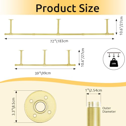 72inch Industrial Pipe Clothes Rack Wall Mount For Hanging Rod Bar for Laundry Room Up to Max Load 135Lb Black (72inch(1 Pack))