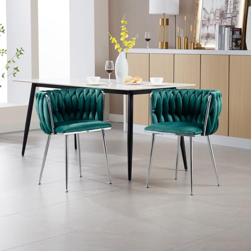 Velvet Dining Chair Set of 4,Modern Upholstered Accent Chair with Woven Backrest and Silver Metal Legs,Leisure Armchair for Dinning Room,Kitchen,Vanity,Navy