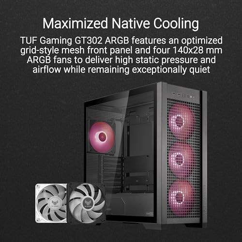 ASUS TUF Gaming GT302 ARGB ATX Mid-Tower PC Case – Four 140 x 28 mm ARGB Fans for High Airflow, Interchangeable Tempered Glass or Mesh Side Panels, Supports BTF Hidden-Connector Motherboards | White