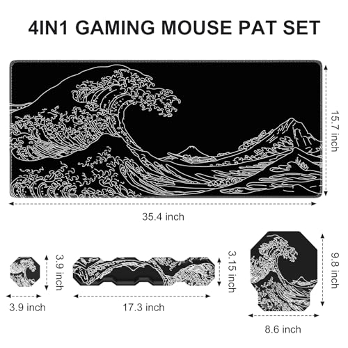 iCasso Mouse Pad with Wrist Rest, Large Desk Mat+Keyboard Wrist Rest+Mouse Wrist Rest+Coaster, 4in1 Gaming Mouse Pad Set with Ergonomic Design Non-Slip for Home Office desk Computer, Banana Leaf Green