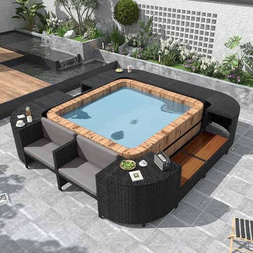 Versatile Spa Surround Patio Rattan Sectional Sofa Set with Removable Cushions,Wooden Seats,Built-in Storage,Weather-resistant for Poolside,Garden, Backyard - Suitable for 74” Portable Spa (Grey)