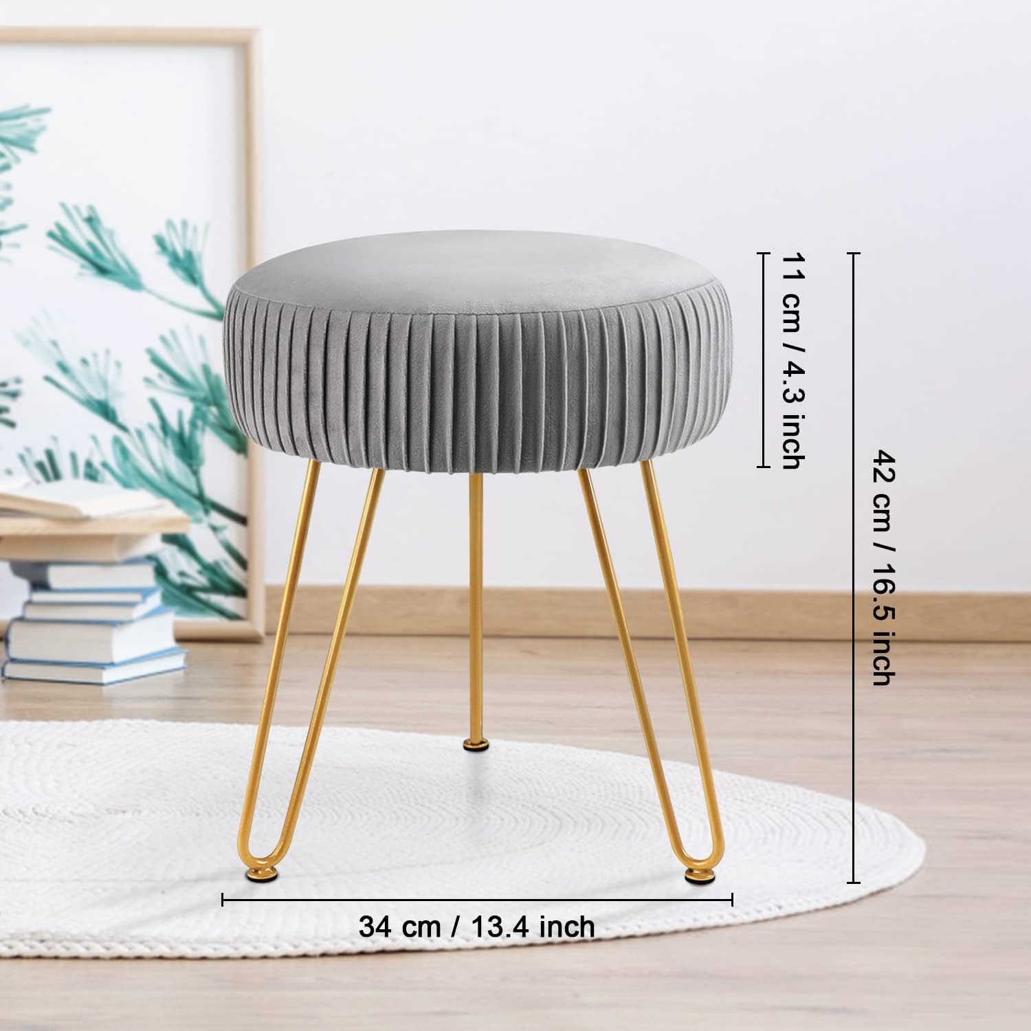 Stripe Velvet Vanity Chair Round Ottoman,Upholstered Vanity Makeup Footstool Side Table Dressing Chair with Golden Metal Legs (Gray, Round-Normal)