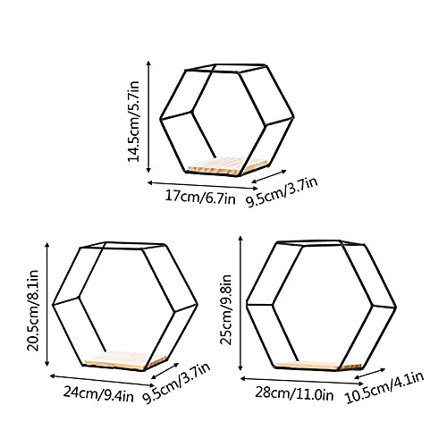Hexagon Floating Shelves, Wall Mounted Decorative Geometric Shelf for Wall Decor, Different Sizes Modern Metal Framed Gold Shelf, for Living Room, Bedroom, Kitchen, Office, Set of 3 Size