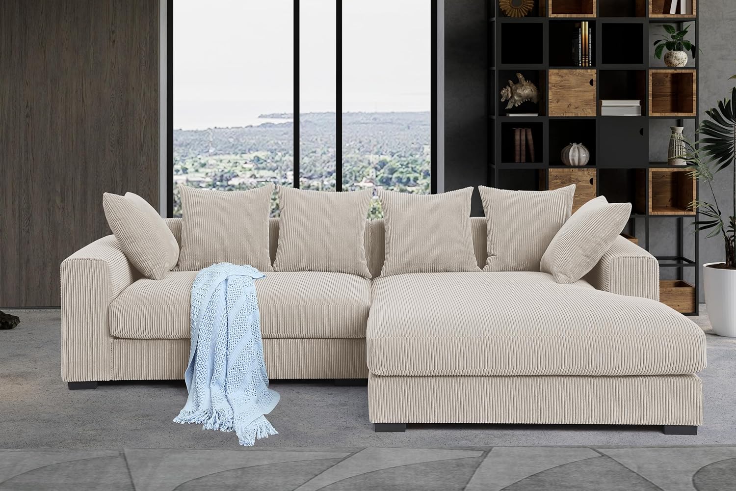 Corduroy 3-Piece Upholstered Sectional Chaise,L Shaped Sofa with Versatile Ottoman and Six Complementary Toss Pillows for Living Room,Apartment,Office,Beige