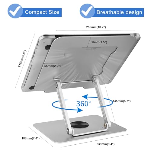 Laptop Stand for Desk Adjustable Height,Aluminum Alloy Swivel Computer Stand for Laptop,MacBook Stand with 360° Rotating Base,Ergonomic Laptop Riser for Desk,Fits 9-17 inch (Gray)