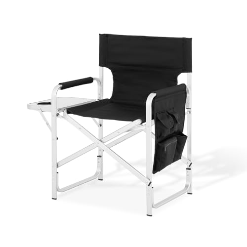 MoNiBloom 21-Inch Foldable Director Chair Folding Portable Aluminum Frame Makeup Artist Chair, with Side Table, Cup Holder and Pockets, 250lbs Capacity (Black)