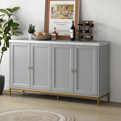 Modern Sideboard Buffet Cabinet with Faux Marble Top, Kitchen Storage Cabinet with Metal Handles and Support Legs, Wood Coffee Bar Cabinet Entryway Cabinet for Living Room, Black