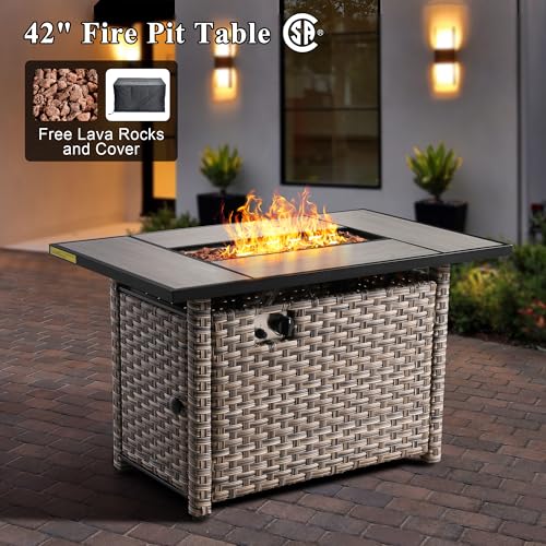 WEAXTY 6 Pieces Wicker Patio Furniture,All-Weather Outdoor Patio Furniture Set with Fire Pit Table,High Back Sofas and Ottomans,Rattan Patio Conversation Sets for Backyard Pool(Beige)