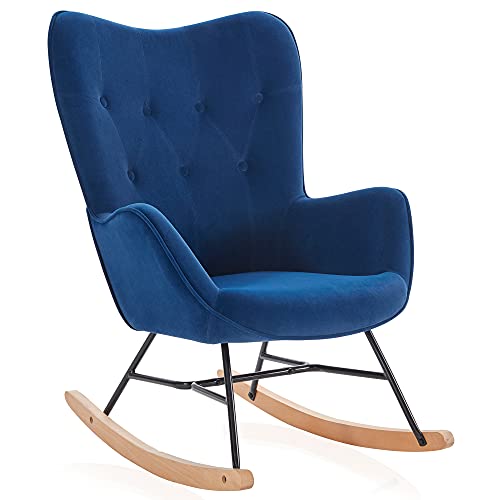 BELLEZE Mid Century Modern Rocking Chair, Upholstered Velvet Armchair with Tufted Buttons, Vintage Comfy Glider Chair for Living Room, Bedroom, Nursery - Finnegan (Blue)