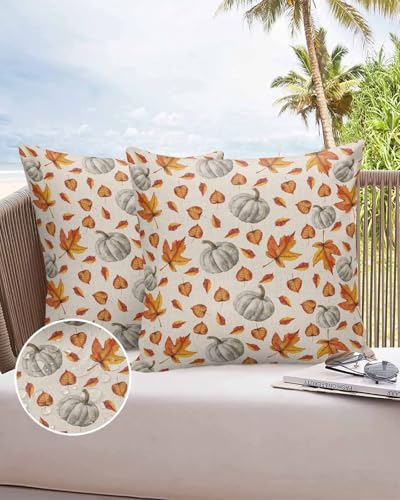 Outdoor Pillow Covers Waterproof, Thanksgiving Throw Pillowcase Decorative Cover, Fall Maple Leaf White Pumpkin Wooden Garden Cushion Case Set of 2 for Sofa, Couch, Tent, Patio, 16