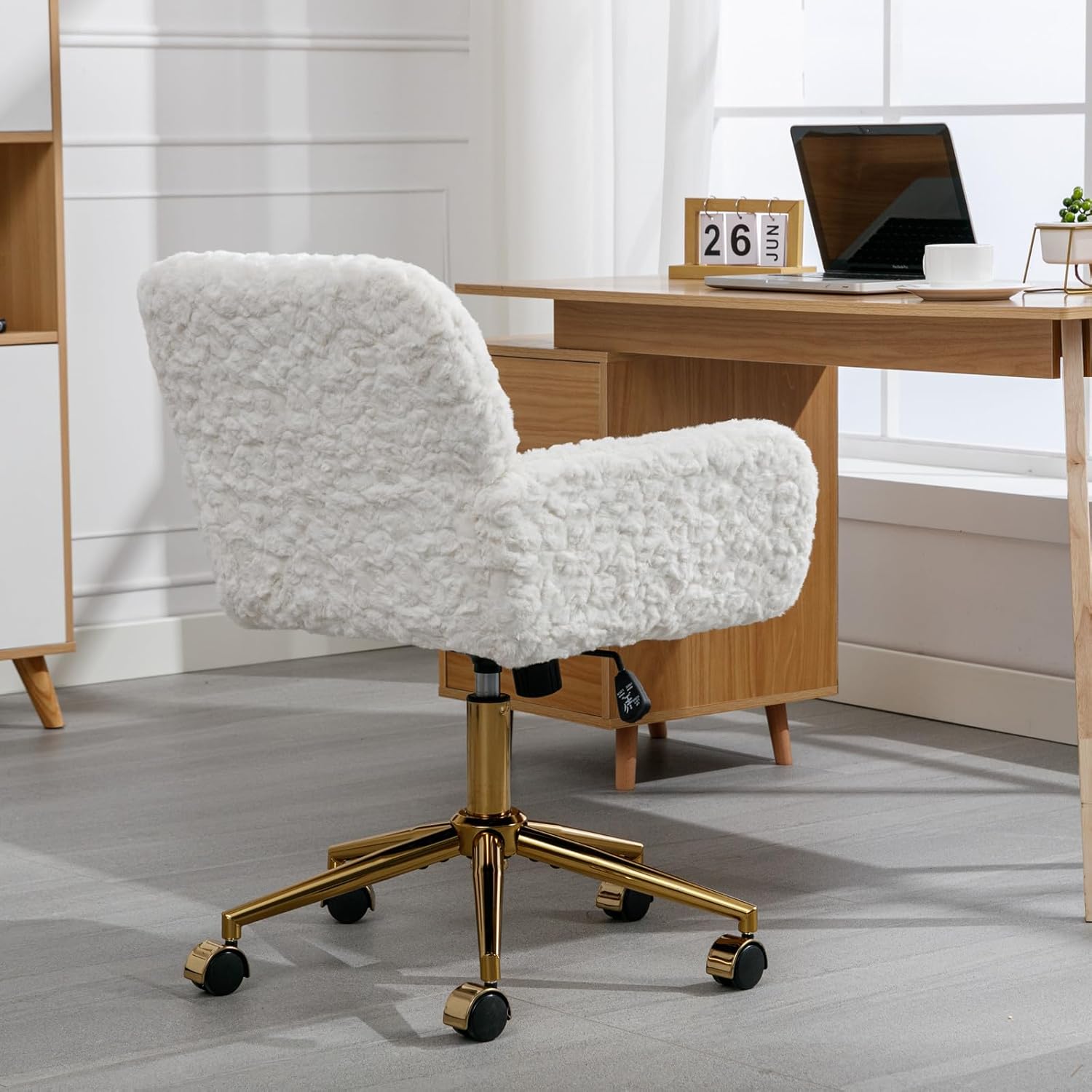 Faux Fur White and Gold Fluffy Desk Chair, Cute Furry Makeup Vanity Chair with Wheels, White Dressing Table Chair, Adjustable Swivel Furry Office Chair for Dressing Room and Bedroom, White