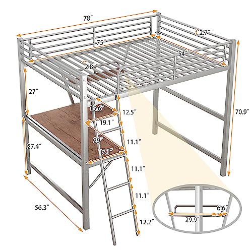 Twin Size Metal Loft Bed Frame with Wooden Desk and Shelf, Loft Bed Twin Size with Ladder and Full-length Guardrails, No Box Spring Required, Black