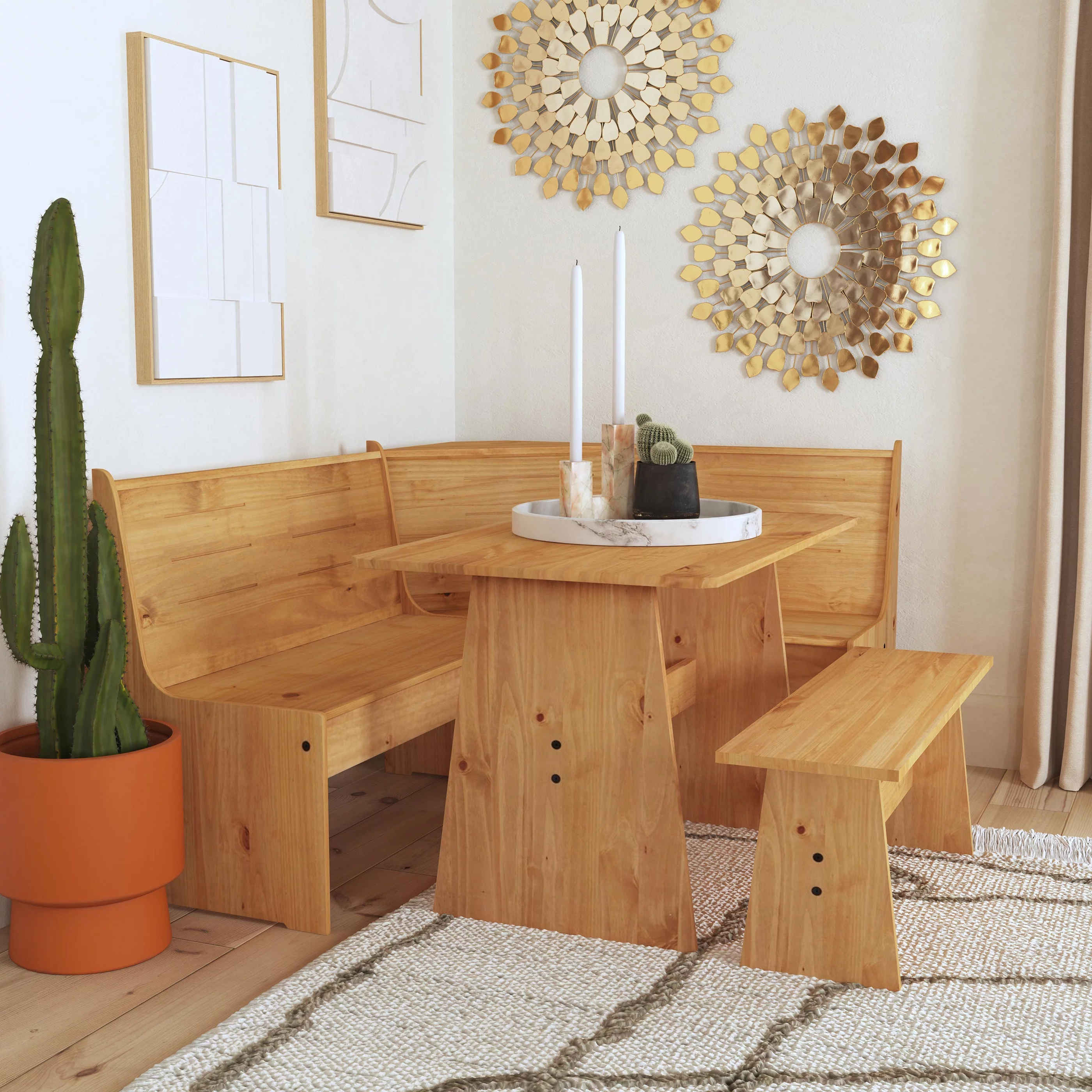 Linon Wickford Corner Dining Breakfast Nook Set with Storage, Table, and Bench, Seats 5-6, Natural Finish