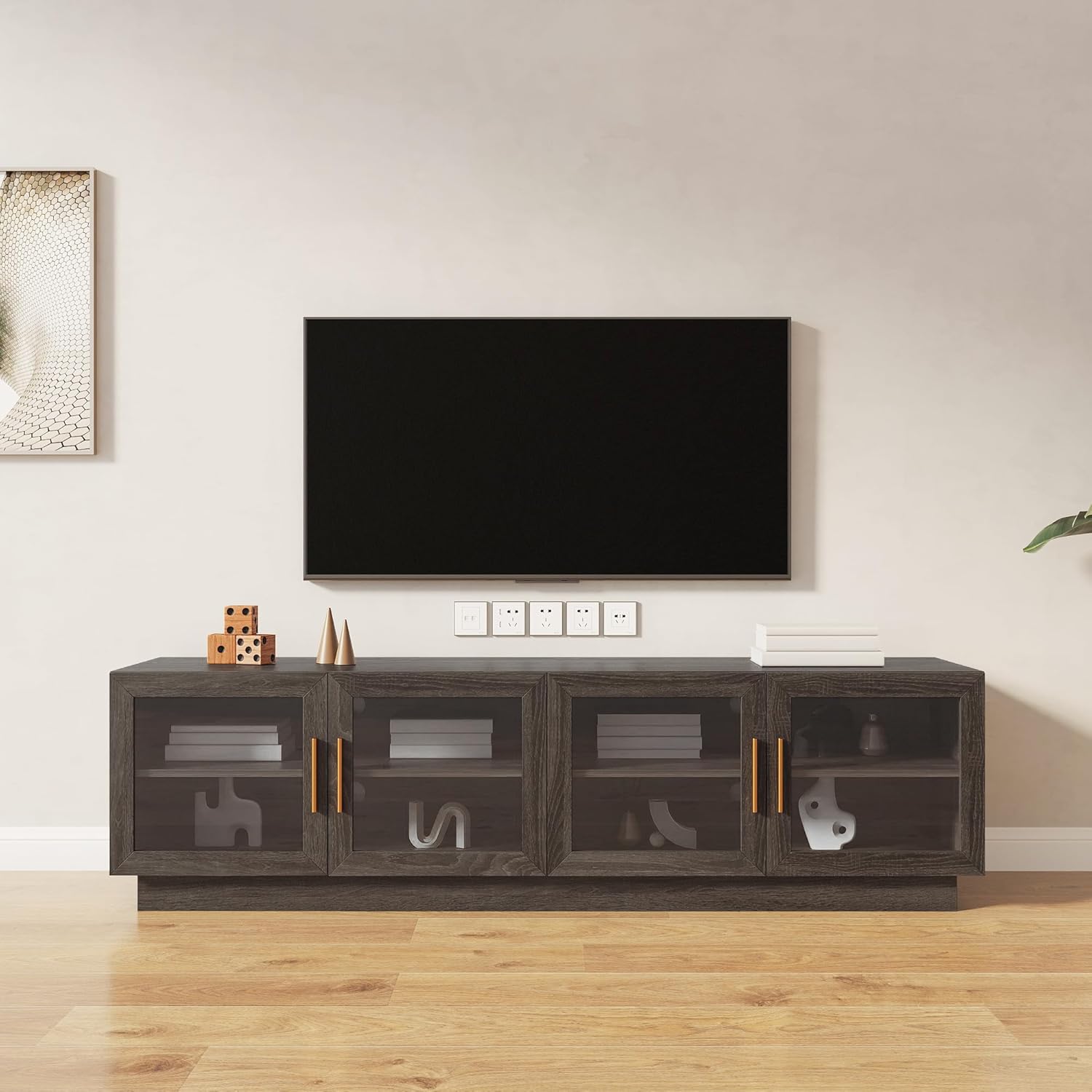 Modern TV Stand Shelving, Brown Gray 70.87inch Wood Cabinet Living Room Bedroom Entertainment Center