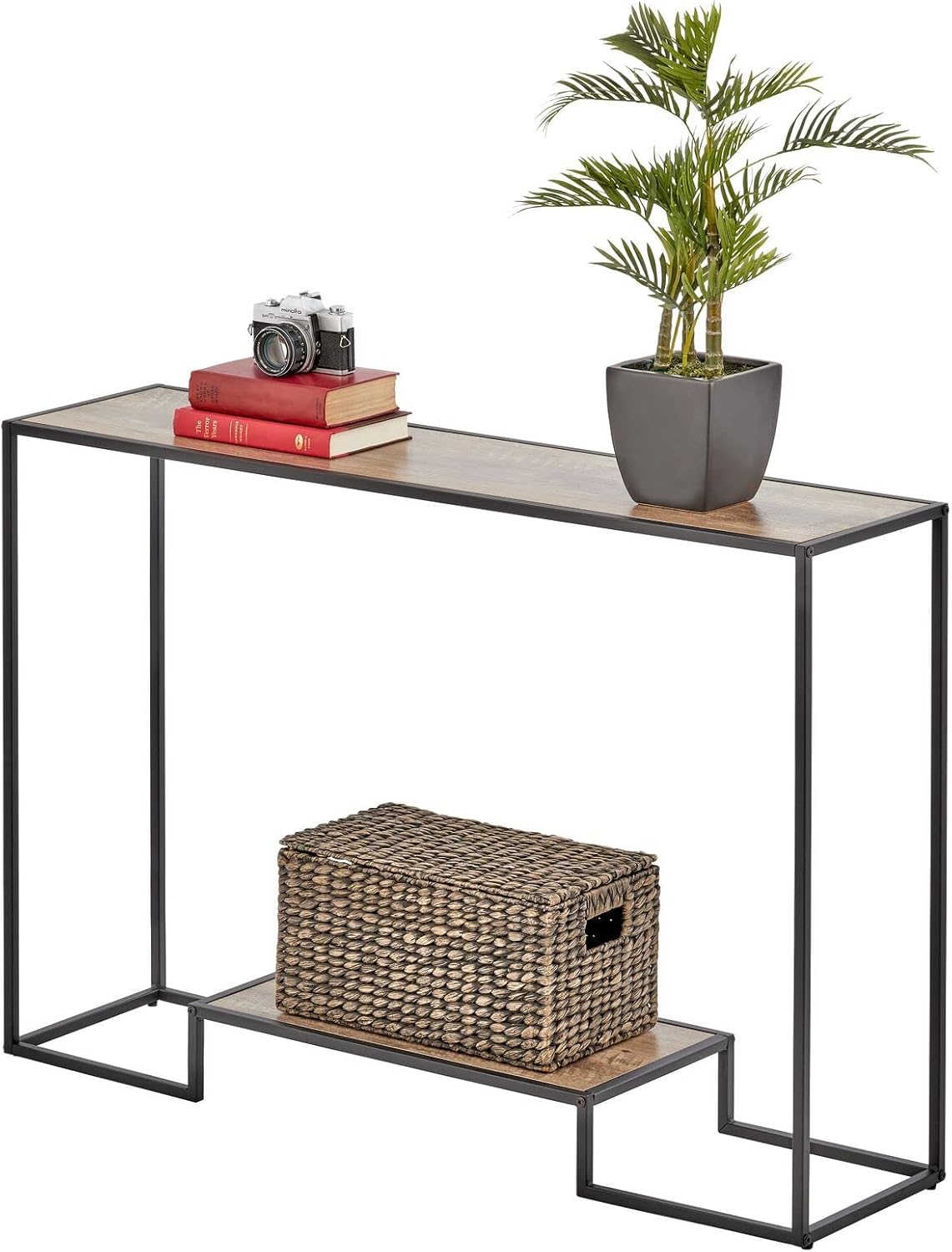 mDesign Modern Metal and Wood Inlay Side Table with Sturdy Metal Frame, Wood Top - Furniture Unit for Living Room, Bedroom, Hallway, Entryway - Raised Bottom Shelf - Black