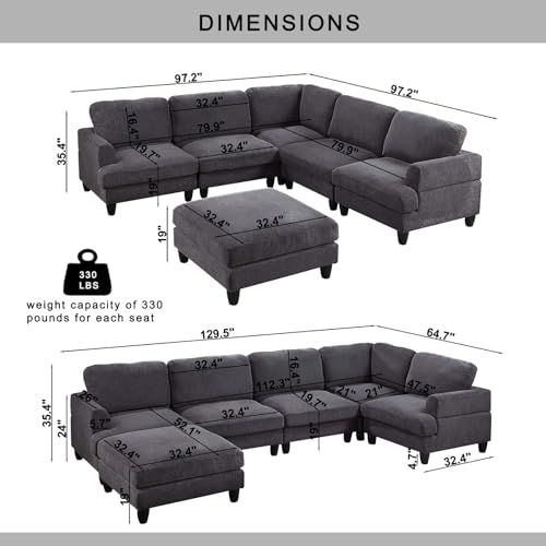 FANYE U-Shaped Corner Convertible Modular Sectional Sofa Couch W/Movable Ottomans and 4 Pillows, Chenille Upholstery Double Cushions Deep Seat Sleeper Sofa&Couch for Home Office Apartment Living Room