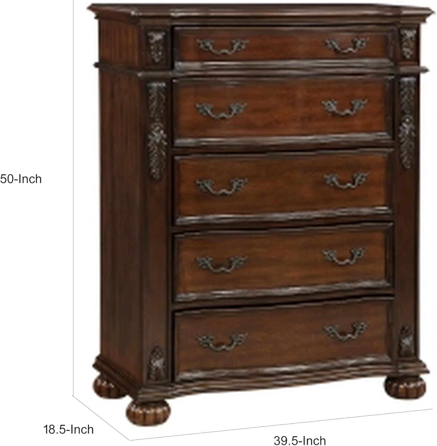Benjara Nami 50 Inch Tall Dresser Chest, 5 Drawers, Carved Cherry Solid Wood, Brown and Bronze