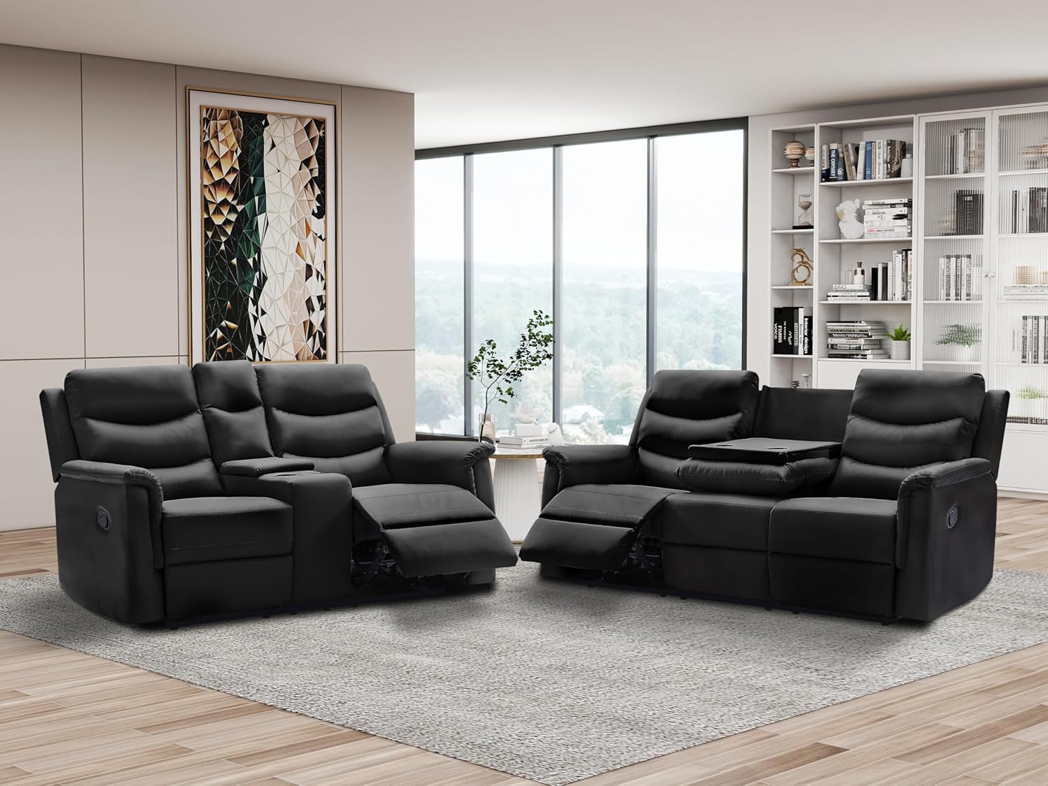 2 Pieces Faxu Leather Sofa, 3 Seater Manual Reclining Motion Couch and Loveseat with Storage Console & Cup Holders for Living Room/Office/RV Theater Seating Furniture Set, Black
