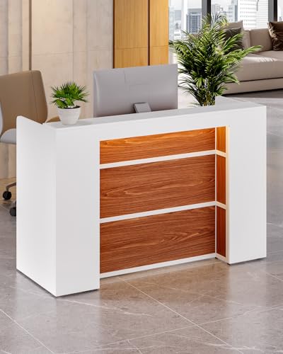 63 Inches Reception Desk, Modern Reception Table with LED Light, Front Counter Desk, Wooden Checkout Counter for Lobbies, Salons, Retail, Home Offices, Reception Room, Black & Brown