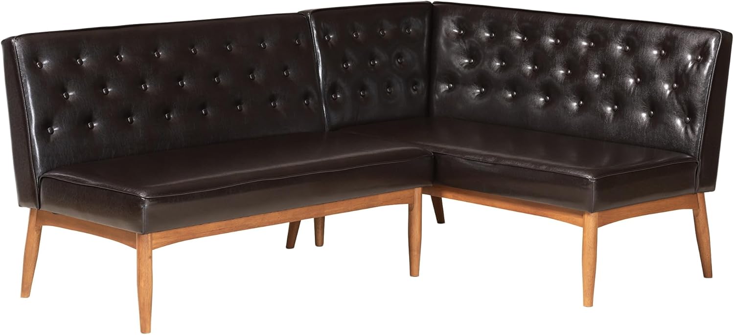 Baxton Studio Riordan Mid-Century Modern Dark Brown Faux Leather Upholstered and Walnut Brown Finished Wood 2-Piece Dining Nook Banquette Set