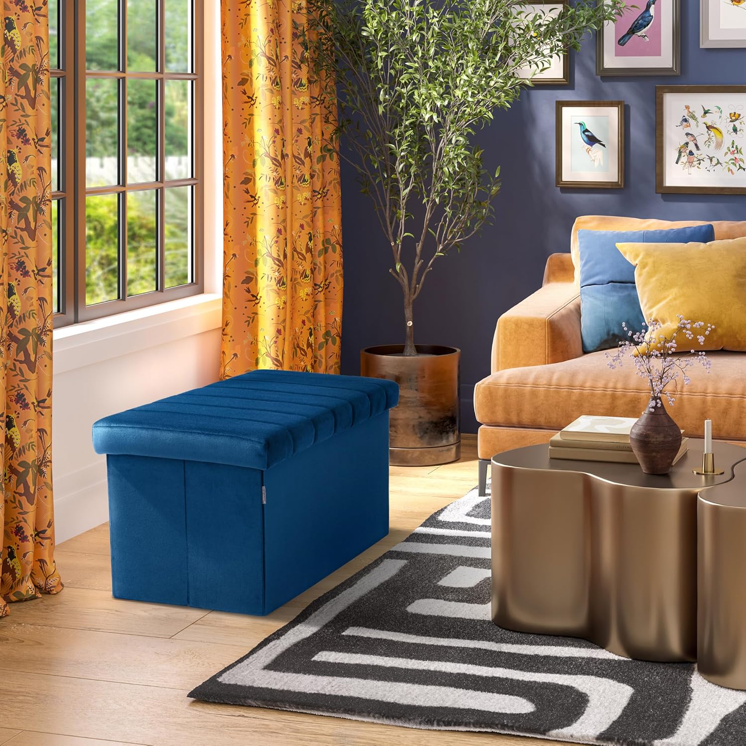 Seville Classics Cushioned Fabric Ottoman Hidden Storage Chest Footrest Chair, Padded Seat for Bedroom, Dorm, Loft, Living Room, Entryway, Hallway, Blue Velvet, 30