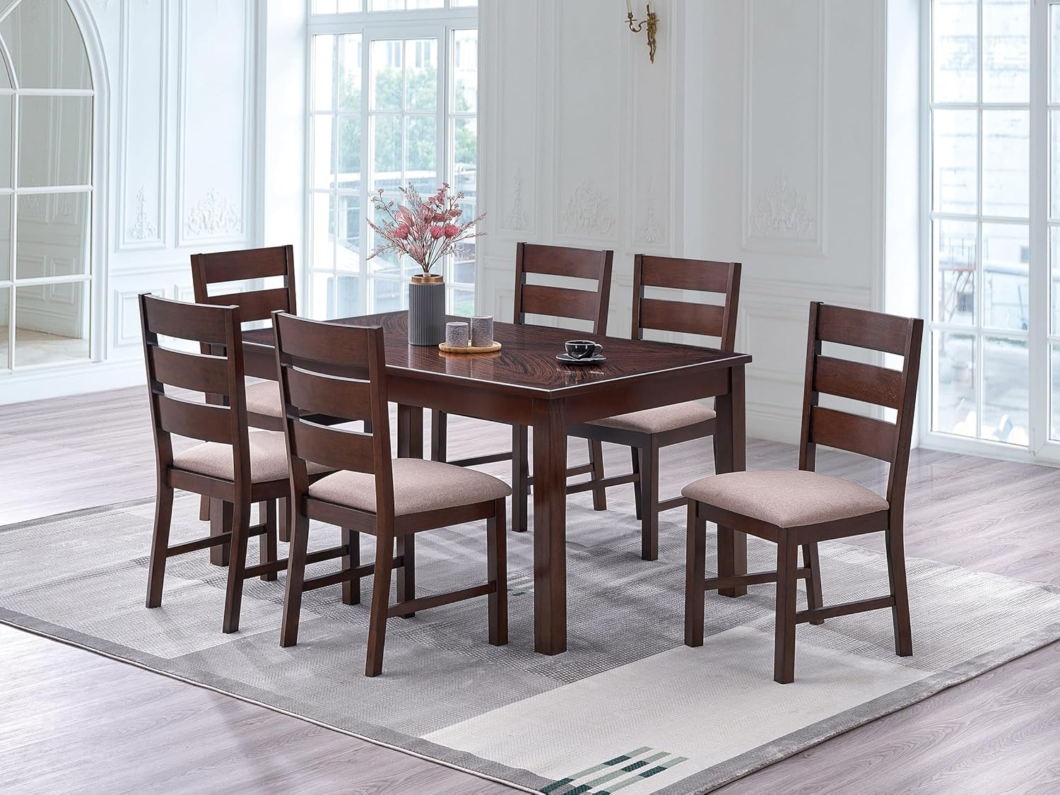 Contemporary Antique Cherry 7pc Dining Set Table and 6X Side Chairs Melamine Table Top Fabric Cushion Seats Chairs Solid wood Dining Room Furniture