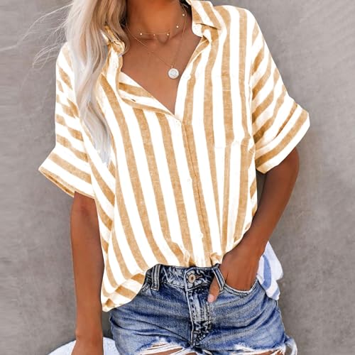 Women Button Down Striped Shirts Cotton Linen Summer Blouse Collared Short Sleeve Comfy Tops Work Office Wear Clothing