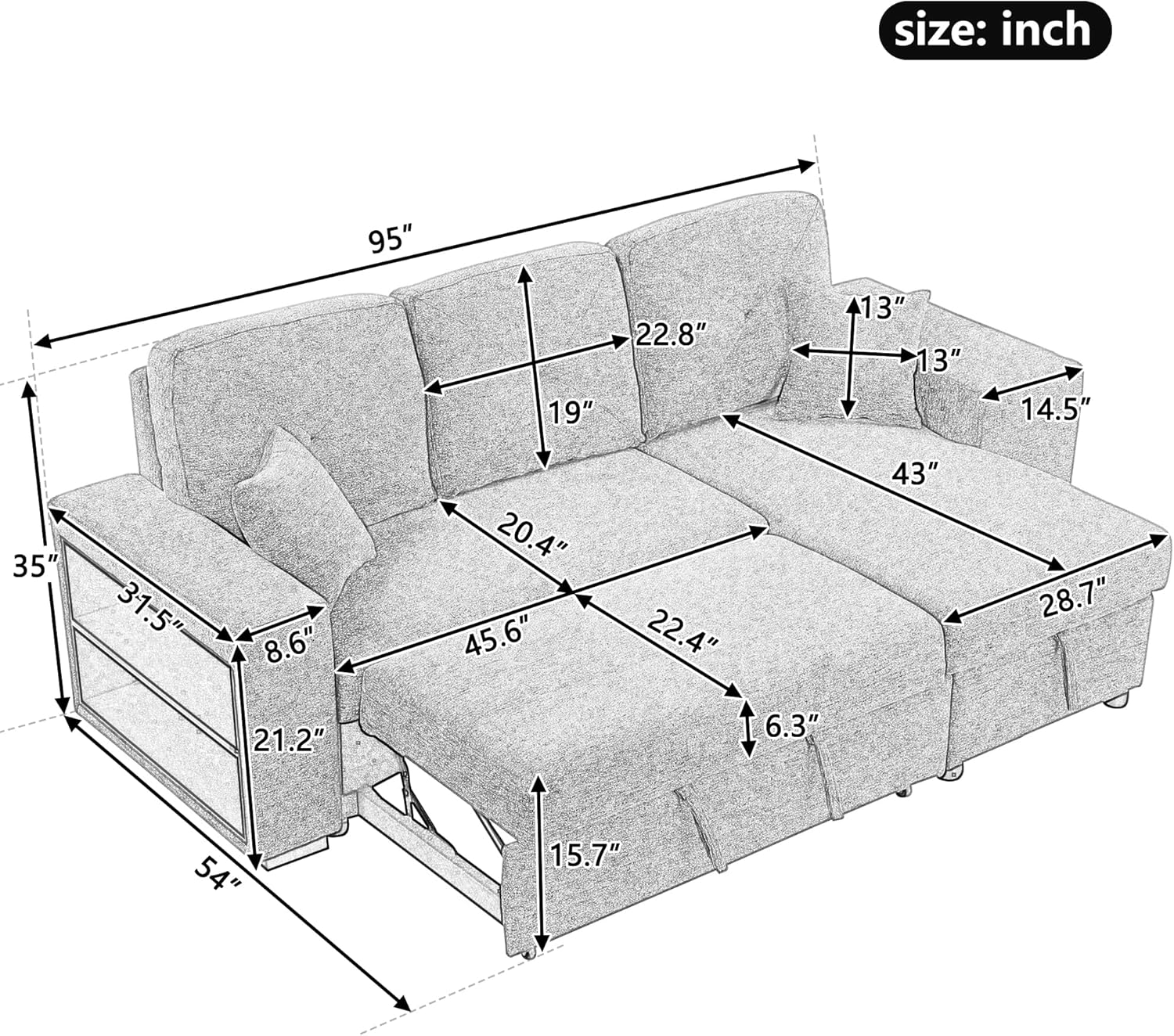 Reversible Sleeper Sectional Sofa Bed with Side Shelf and 2 Stools, Pull-Out L-Shaped Sofa Bed with Storage Chaise Left/Right Hande, Corner Sofa-Bed for Living Room (Black+Blue + Velvet + Foam-01)