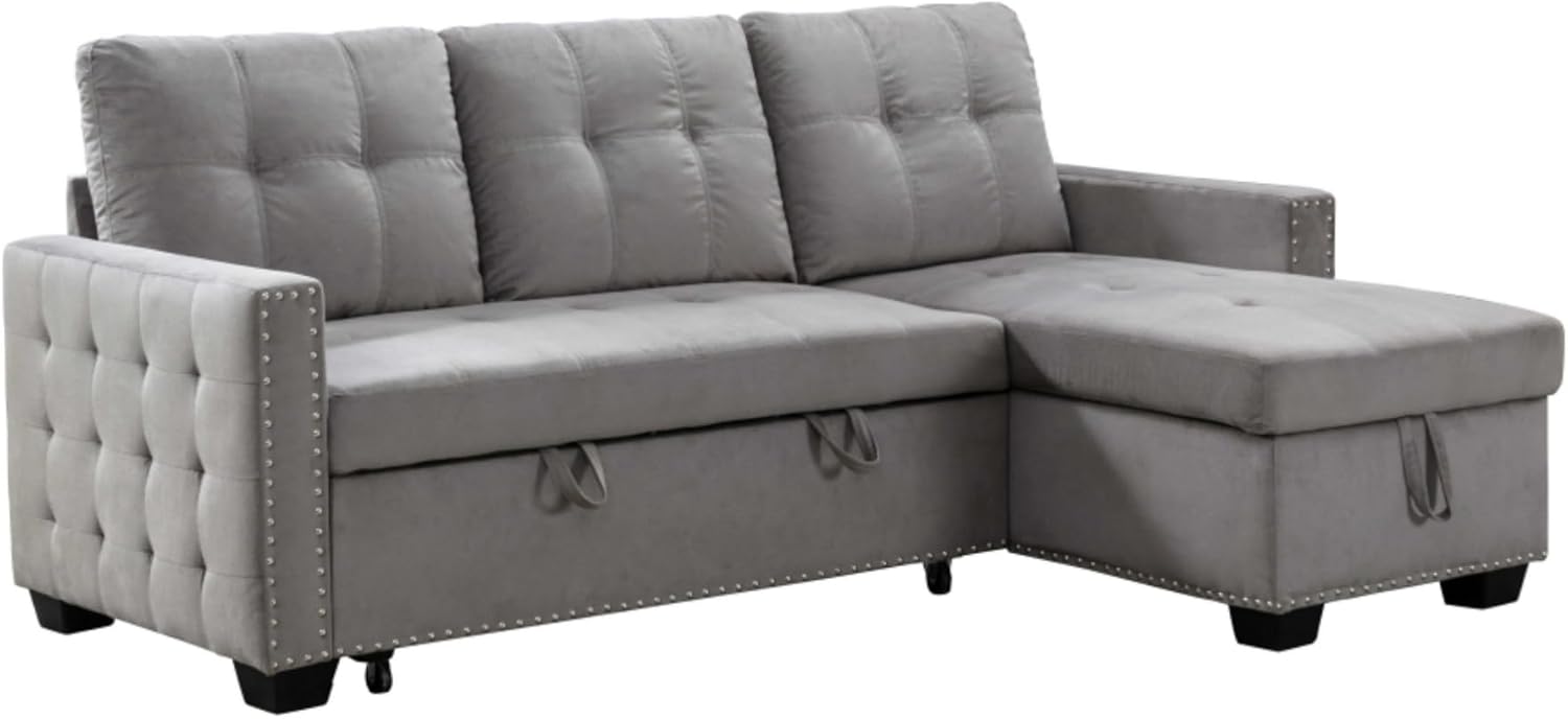 Convertible Sofa Bed with Storage, Recliner Chair & Side Pockets Perfect Furniture for Small Living Spaces - Easy Assembly Stylish Velvet Fabric Functional Sleeper Couch for Compact Rooms