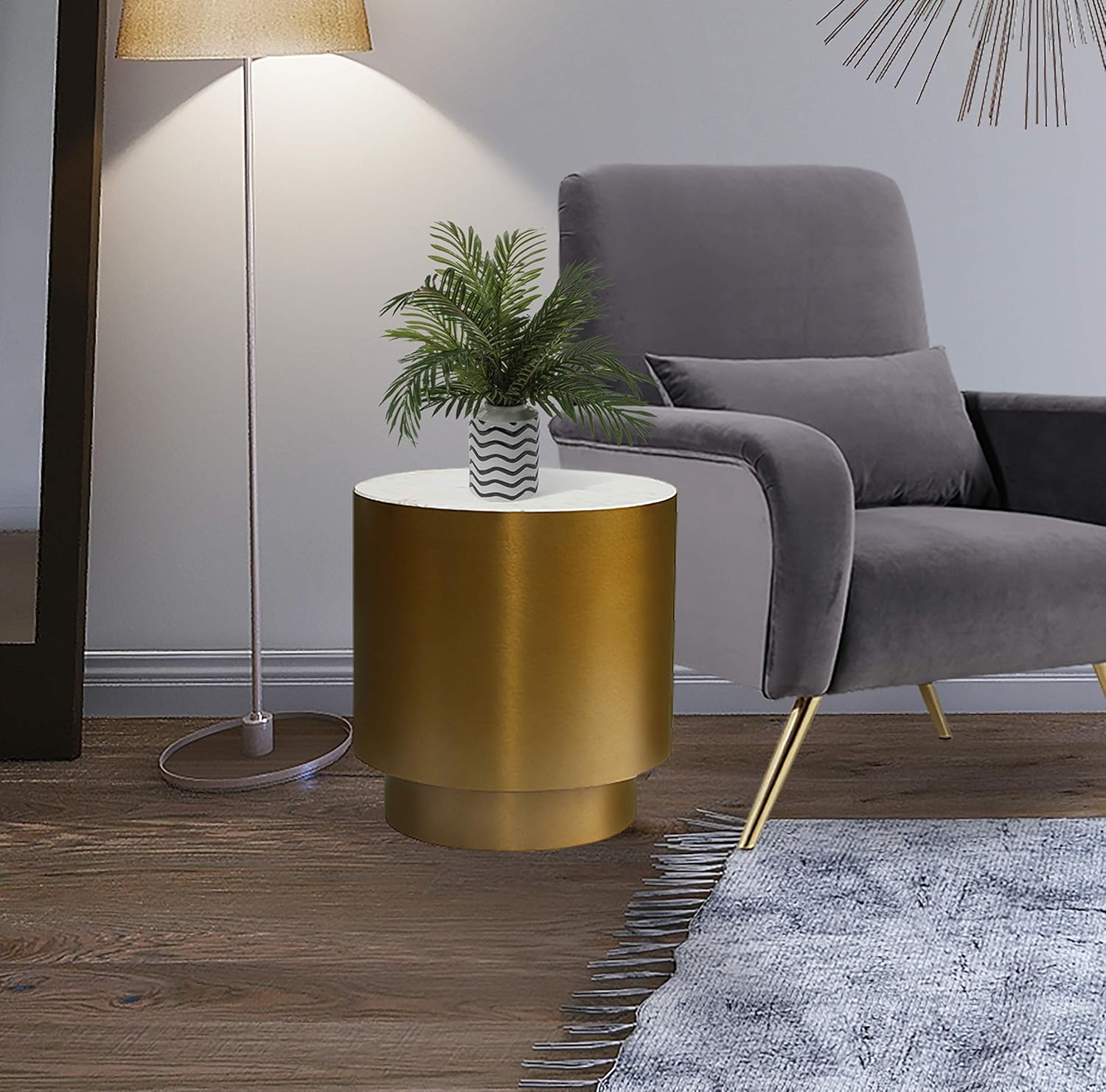 Meridian Furniture Presley Collection Modern | Contemporary Marble Top End Table with Brushed Gold Metal Base, 20