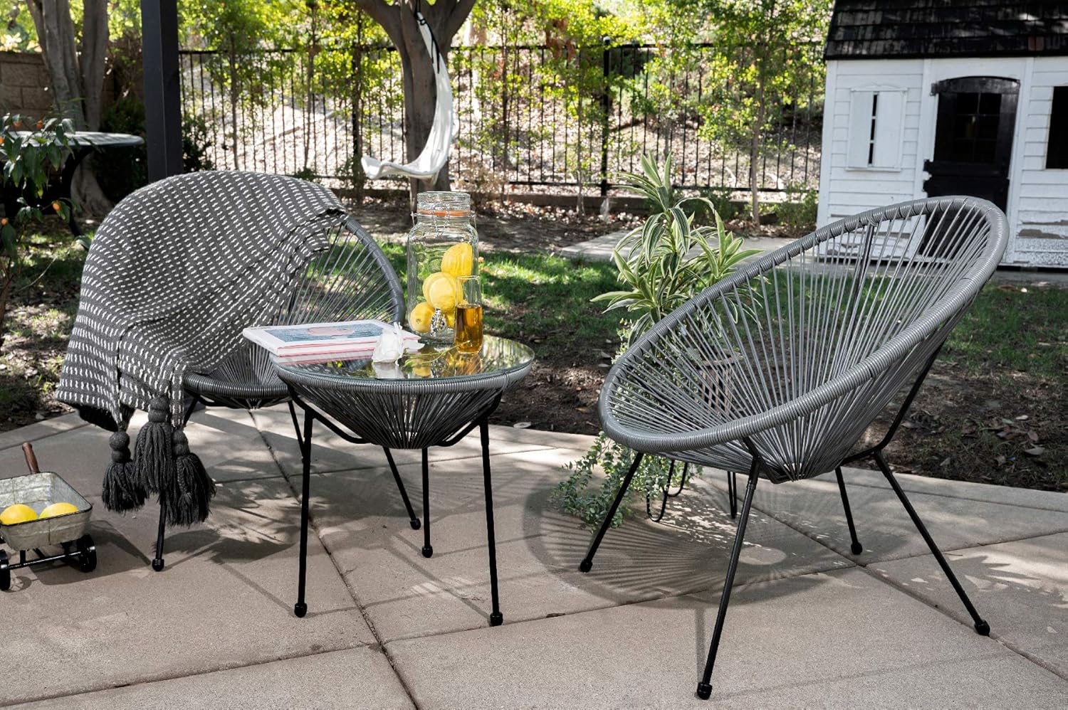 Barton 3 Pieces Acapulco Chair Set w/Glass Table Grey Outdoor Patio Furniture Wicker Rattan Modern Conversation Chat Seating