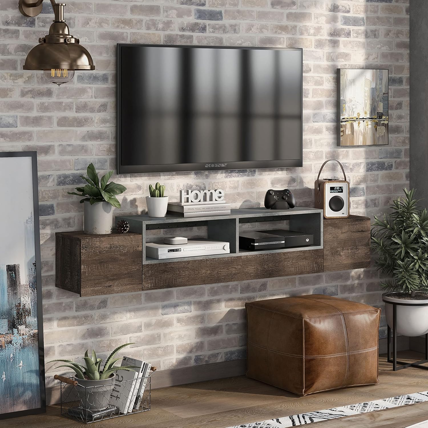 PayLessHere Rustic Wall Mounted TV Stand 62” Entertainment Center Media Stand Floating TV Table with Storage Shelf and Hidden Cabinet for Living Room Bedroom, Reclaimed Oak