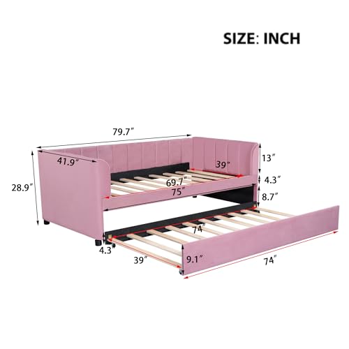 Merax Twin Daybed with Trundle, Upholstered Wooden Sofa Bed Frame with Simple Line Design, Pink