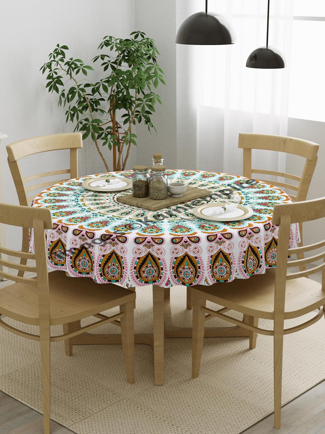 Indian Handmade Boho Mandala Brown Peacock Foral Round Table Cloth Table Cover Tabletop for Home Kitchen Dining Picnic Party 50