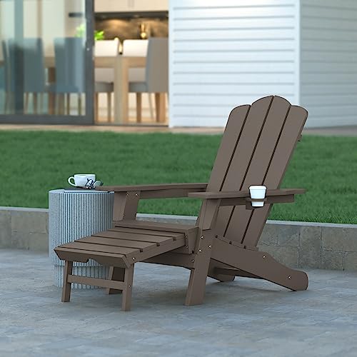 EMMA + OLIVER Tiverton Poly Resin Adirondack Chair with Cup Holder and Pull Out Ottoman, All-Weather Poly Resin Indoor/Outdoor Lounge Chair, Brown