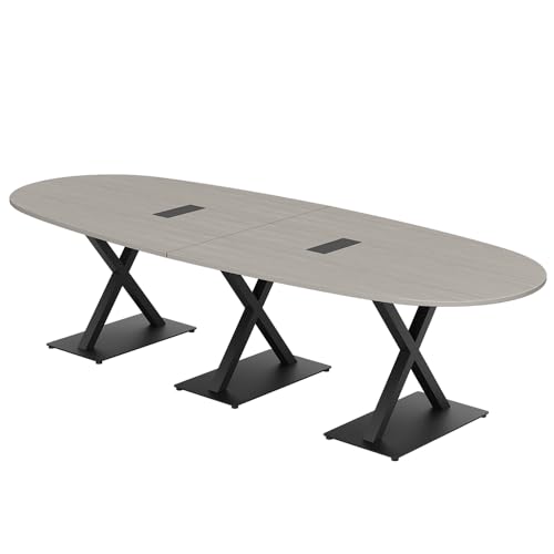 10 Person Modular Conference Table with Matte Black X Bases | Boat Oval Shape| Harmony Series | 10' | Blonde Surfside Ash